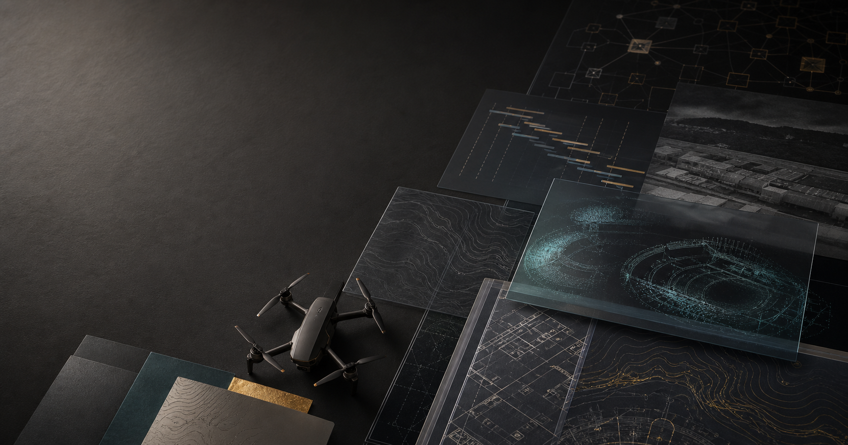 Abstract operating systems, venue plans, and aerial scan layers representing BTM Holdings Group companies